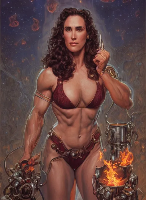 Prompt: portrait of a very muscled Jennifer Connelly as a heroine staring into the camera, torches and fireflies, artstation, intricate, elegant, highly detailed, art by Donato Giancola, Joseph Christian Leyendecker, WLOP, Boris Vallejo, Artgerm