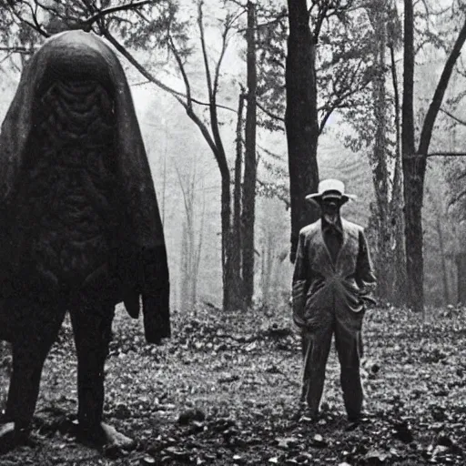 Image similar to old photograph of a a person standing in an eerie forest with an alien standing in the distance behind them