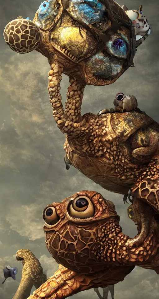 Prompt: a strange bird turtle octopus giraffe chimera creature waiting for the bus with other monsters, on an alien planet, platonic forms, in the style of shaun tan and sam shearon and dr seuss and leng jun, close up, glossy, beautiful, fantastic, wonderful, science fiction, dramatic lighting, high contrast, fractal background, 3 d sculpture 8 k octane render