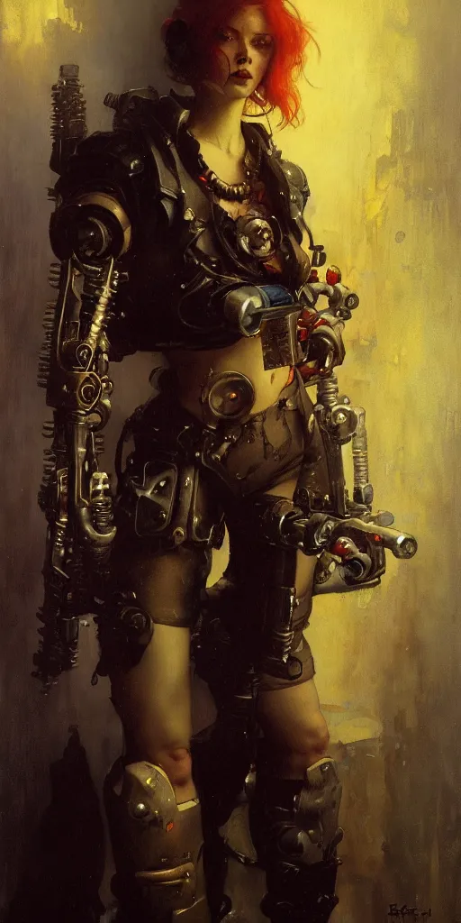 Image similar to full character portrait max mad cyberpunk warhammer 4 0 k, machinist tech girl character design, painting by gaston bussiere, katsuya terada, nc wyeth, greg rutkowski, craig mullins, vermeer, frank frazetta, mucha, tom of finland, trending on artstation, jeffery catherine jones