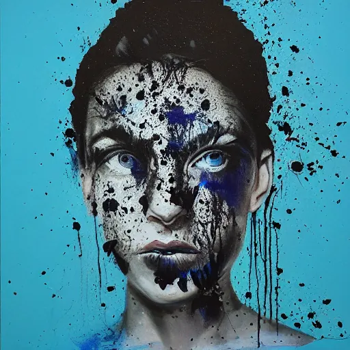 Prompt: matte portrait of a young woman with glowing blue eyes, covered in black splattered ink, by antony micallef