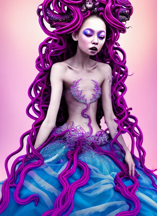 Prompt: A full body shot of a cute and mischievous young monster princess with hair made of tentacles wearing an ornate gown. Dynamic Pose. Quinceanera dress. Rainbow palette. rainbowcore. Eldritch Beauty. defined facial features, symmetrical facial features. Opalescent surface. beautiful lighting. By Giger and Ruan Jia and Artgerm and WLOP and William-Adolphe Bouguereau. Hyper-real. Fantasy Illustration. Masterpiece. trending on artstation, featured on pixiv, award winning, cinematic composition, dramatic pose, sharp, details, Hyper-detailed, HD, HDR, 4K, 8K.