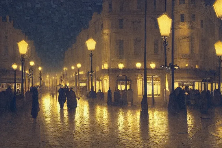 Prompt: painting of the streets of madrid at night, streetlights, raining, romantic, by ludwig deutsch and maxfield parrish, patterned tilework, extremely detailed, cinematic lighting, smooth sharp focus