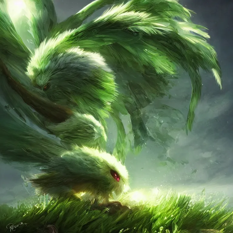 Image similar to a cute beautiful earth type pokemon, green feathers bursting out of his hair, full body shot, highly detailed digital art, 3 d perspective, award - winning illustration, aesthetic, smooth, pokemon style, made by greg rutkowski, with an alien landscape in the background