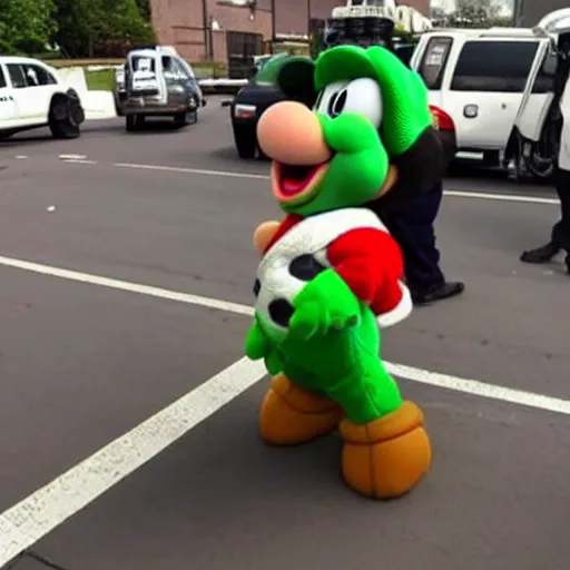 Image similar to photo of yoshi getting arrested for committing tax fraud, BuzzFeed photo (2022)