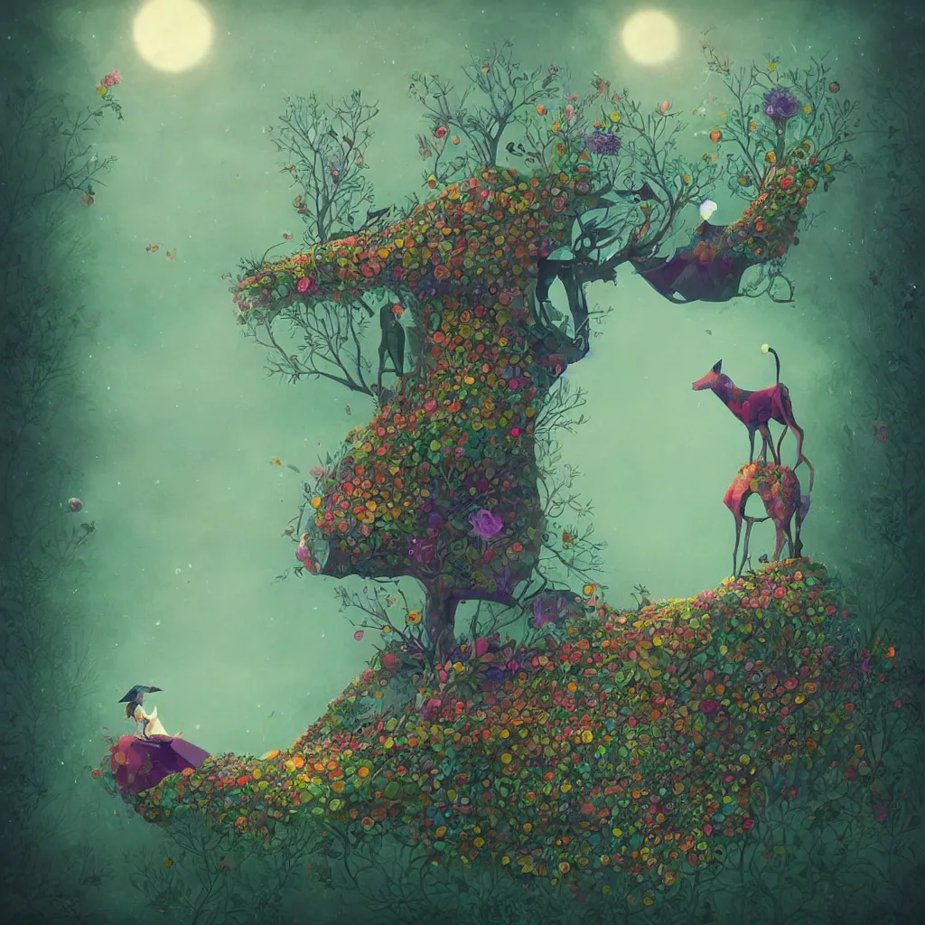 Prompt: low poly, surreal hybrid animals, nostalgia for a fairytale, magic realism, flowerpunk, mysterious vivid colors by andy kehoe and amanda clarke en un mundo de Gediminas Pranckevicius