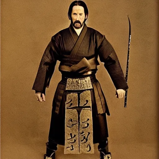 Image similar to “john wick in full samurai armour, 1900’s photo”