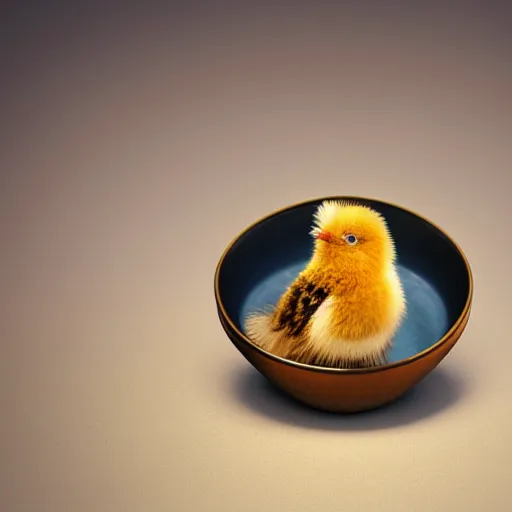 Image similar to long shot of a cute fluffy furry chick nesting in a japanese tea cup, by esao andrews, by m. w. kaluta, humorous illustration, hyperrealistic, tilt shift, warm colors, night scenery, low light, 3 d octane render, 4 k, volumetric lights, smooth, cosy atmosphere, conceptart, hyperdetailed, trending on deviantart