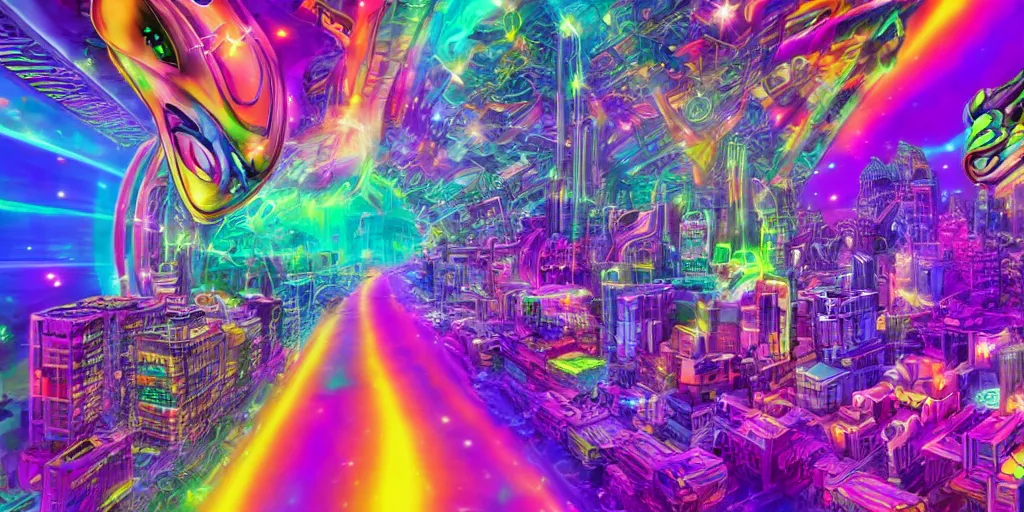 Image similar to psychedelic alien cityscape, photorealistic, hyperrealistic, futuristic, in style of Lisa Frank, cosmic, holographic, 4K, UHD, HDR