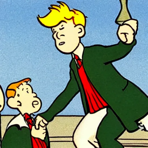 Prompt: a still of harry potter in the comic tintin, herge, belgian comics