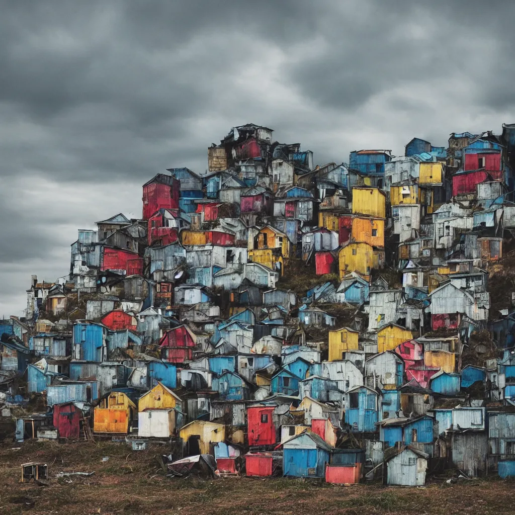 Image similar to towers made up of colourful makeshift squatter shacks, bleached colours, moody cloudy sky, dystopia, mamiya, very detailed, photographed by cristina de middel