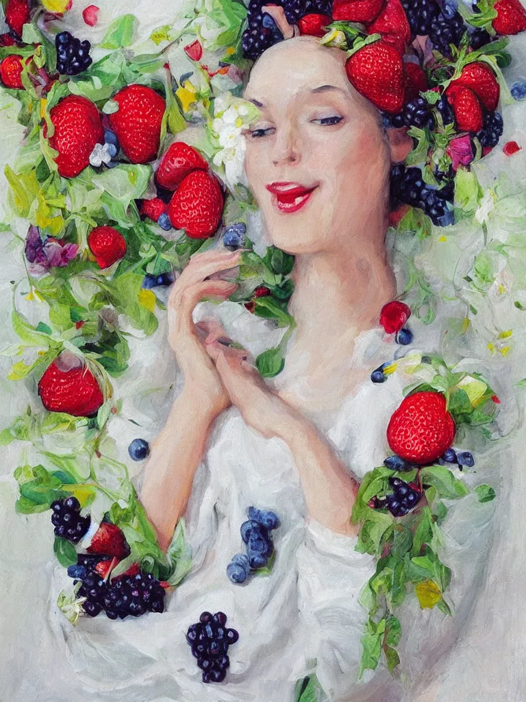 Image similar to “organic, portrait of a woman wearing white silk, neoexpressionist, eating luscious fresh raspberries and strawberries and blueberries, edible flowers”