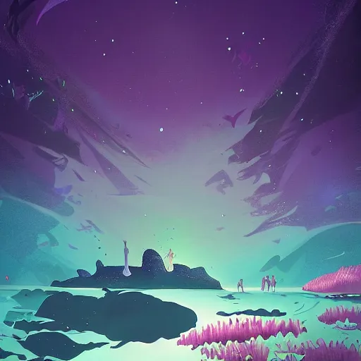 Image similar to sea under starry sky with reefs, light purple tones, animated film, stylised, illustration,, fantasy art, 2 d game art, by eyvind earle, scott wills, genndy tartakovski, roman shipunov, etienne hebinger, atey ghailan, cgsociety, cynical realism