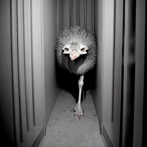 Image similar to grainy photo of an ostrich as a creepy monster in a closet, harsh flash