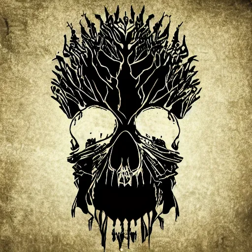 Image similar to dark death metal themed vector illustration for a record label, trees. forest, spikes, skull, microphone, skull, award winning, grunge, iconic, golden ratio