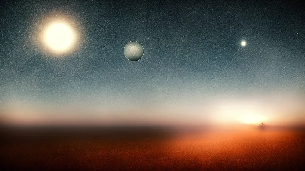 Prompt: A view from earth of three suns in the sky, art by Mikko Lagerstedt,