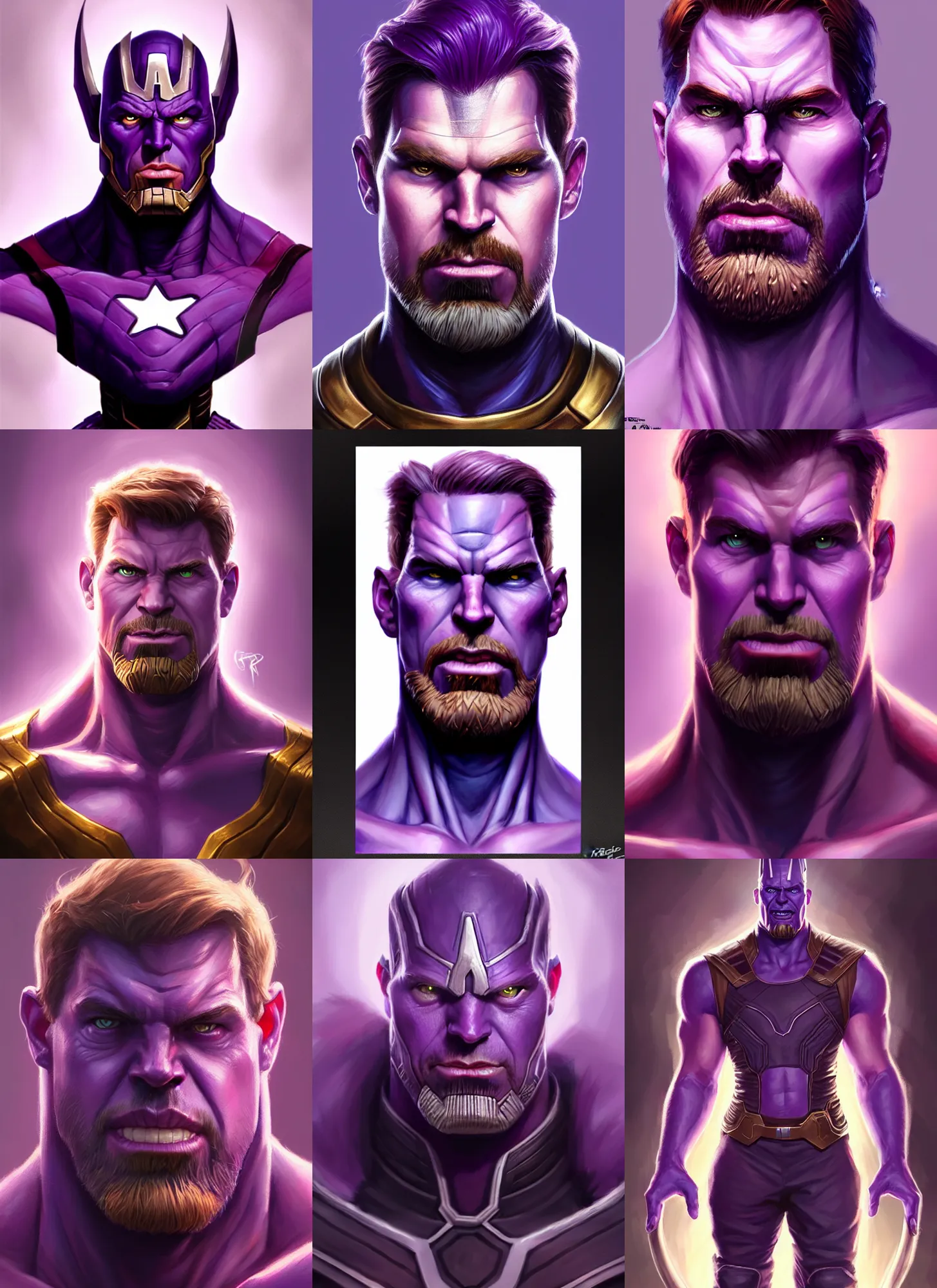 Prompt: a fantasy style portrait painting a character if steve rogers and thanos had a son, purple skin, powerful chin, thanos style traits, painting, unreal 5, daz., rpg, portrait, extremely detailed, artgerm greg rutkowski _ greg