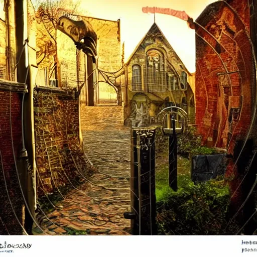 Prompt: cloaked detective walking into open wrought iron gates of a mental asylum, a menacing tower looms over the courtyard, and an evening sun bathes the cobblestone in a warm glow by Francis Bacon, fantasy, victorian theme