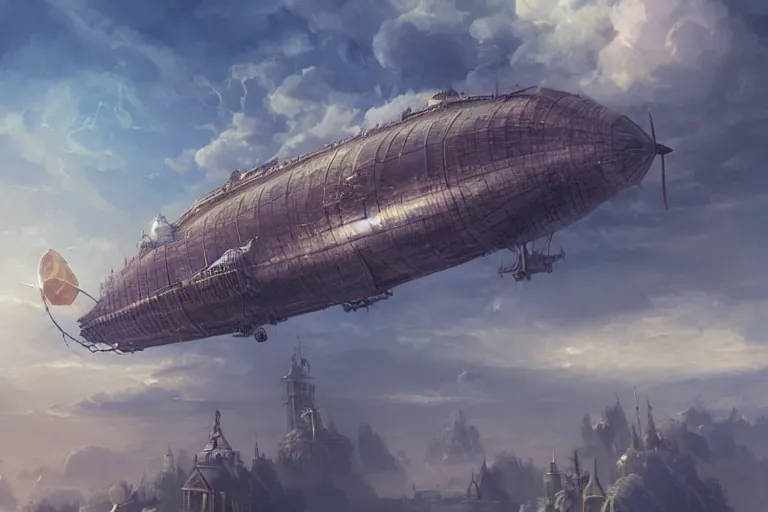 Image similar to An airship flying through the clouds towards a steampunk city, epic fantasy style, highly detailed, photorealistic, reflections, smooth, sharp focus, concept art, illustration, beautiful, geometric, trending on artstation, cinematic, featured on behance , artwork by WLOP and Tran, Ross