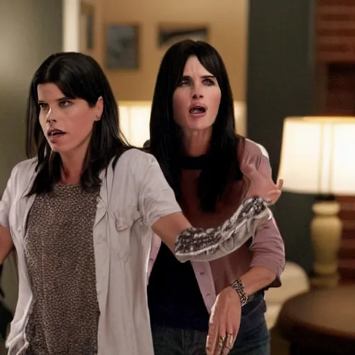 Image similar to high quality movie still of skinny actress Neve Campbell, actor David Arquette and actress Courteney Cox in Scream 5 (2013)