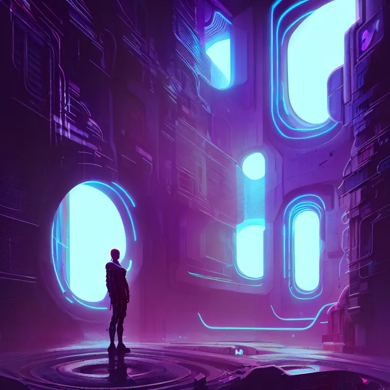 Image similar to a person standing in front of a portal, cyberpunk, epic surrealism, detailed digital matte painting in the style of josan gonzalez, artstation, psychedelic