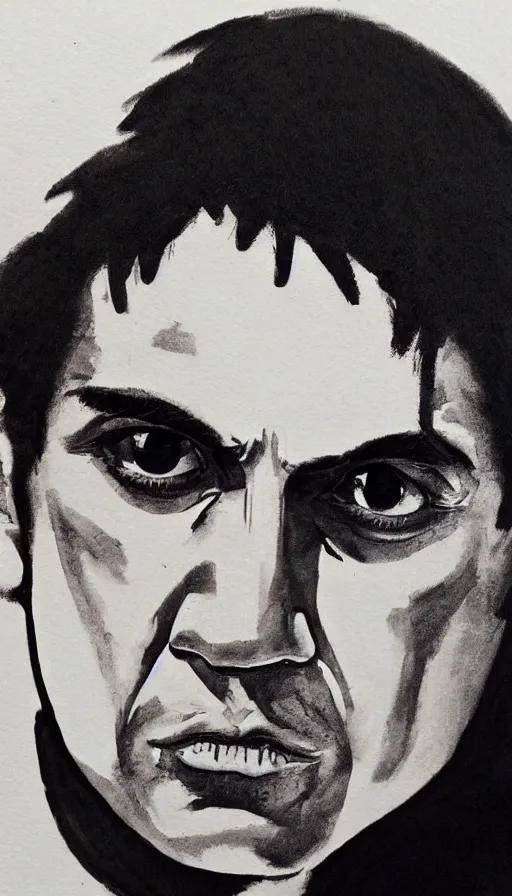 Image similar to close up. perfect symmetric face, coherent symmetric eyes. detailed face. tony montana from movie scarface. ink paint