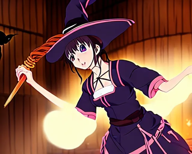 Image similar to key anime visual portrait of a young female witch in a tavern interior defending a companion, dynamic pose, dynamic perspective, cinematic, dramatic lighting.