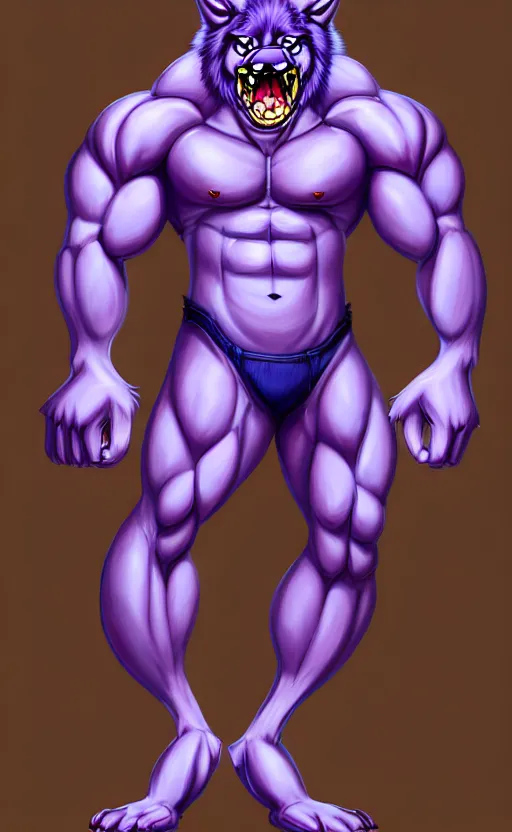Image similar to painting of an anthropomorphic bulky muscular purple wolf, furry style, wearing jeans, deviant art, fursona, professional furry drawing, insanely detailed, bulky wolf - dragon like face with dragon features, doing a pose from jojo's bizarre adventure, detailed veiny muscles, exaggerated features, beautiful shading, huge white teeth, grinning, colorful background