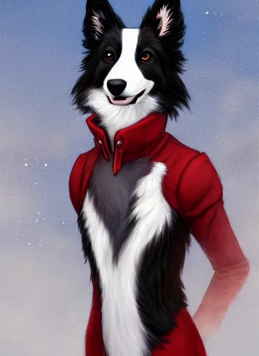 Image similar to full body digital painting of a cute male anthropomorphic border collie fursona wearing a red collar and standing outside, furaffinity, intricate, elegant, beautiful, fantasy, highly detailed, trending on artstation, art by charlie bowater and henry asencio and and ross tran