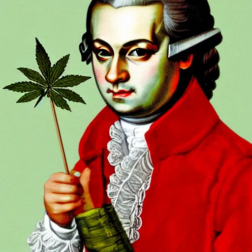 Image similar to Mozart with bloodshot eyes holding a weed joint in his hand, digital art