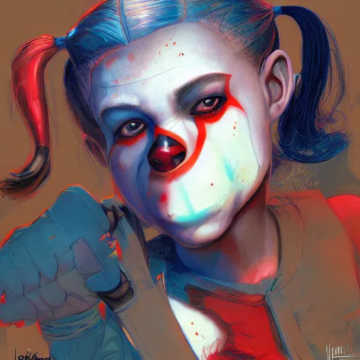 Image similar to Harley Quinn but she's a young ape kid girl, illustration, comic, by James Jean, by John Coltrane and Marc Simonetti, high detail of the face, full body