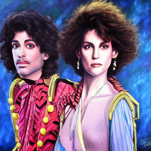 Prompt: a highly detailed painting. 1987-era Prince jealous of Wendy and Susannah Melvoin. Photorealistic. Trending on Artstation.