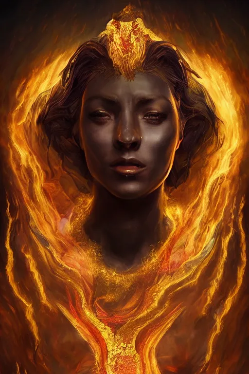 Prompt: fantasy character concept portrait, digital painting, wallpaper of a goddess of seers, with volcanic skin, with veins of obsidian gold and flame, renaissance nimbus overhead, by aleksi briclot, by laura zalenga, by alexander holllow fedosav, 8 k dop dof hdr, vibrant