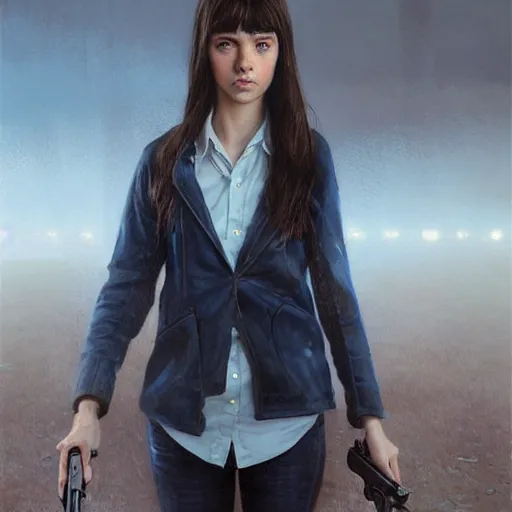 Image similar to portrait of a brunette thin teenager girl with blue eyes wearing school, uniform aims a gun, light stubble, digital art,photorealistoc,art by greg rutkowski,hyperdetailed,western comic style,comic,comic style,sharp lineart,professional lighting,deviantart,artstation,trevor henderson,rossdtaws,cinematic,dramatic