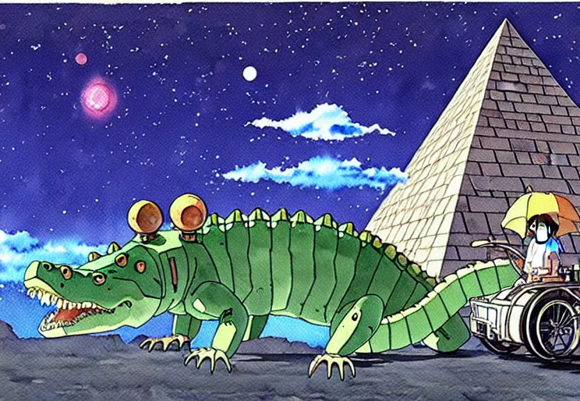 Image similar to a hyperrealist watercolor concept art from a studio ghibli film showing a giant mechanized crocodile from howl's moving castle ( 2 0 0 4 ). a pyramid is under construction in the background, in the rainforest on a misty and starry night. a ufo is in the sky. by studio ghibli