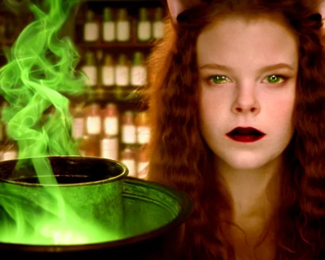 Prompt: close up portrait, dramatic lighting, calm confident teen witch and her cat mixing a spell in a cauldron, a little smoke fills the air, a witch hat, cinematic, a little green smoke is coming out of the cauldron, ingredients on the table, apothecary shelves in the background, still from nickelodeon show