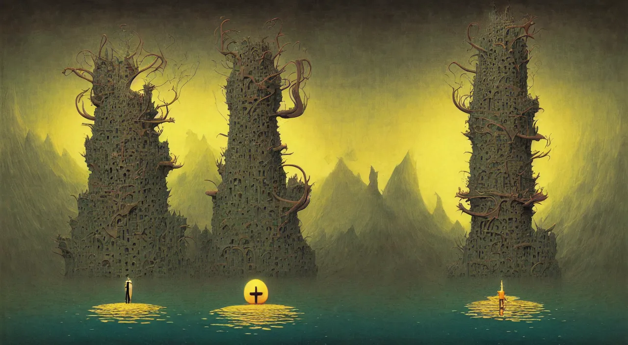 Image similar to single flooded simple!! naoto hattori tower, very coherent and colorful high contrast masterpiece by norman rockwell franz sedlacek hieronymus bosch dean ellis simon stalenhag rene magritte gediminas pranckevicius, dark shadows, sunny day, hard lighting