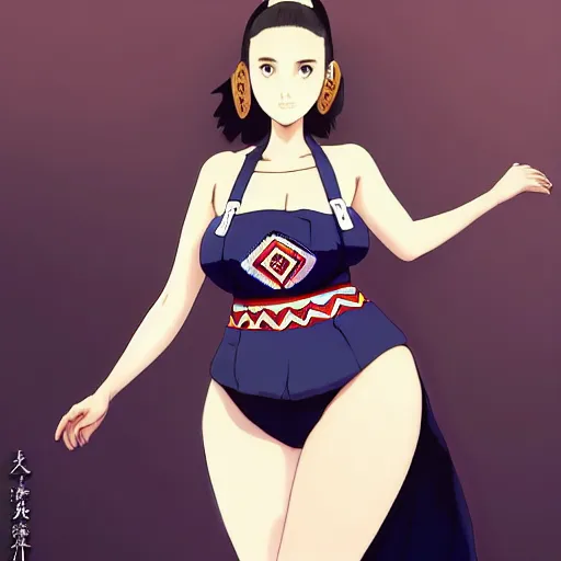 Image similar to a beautiful plus sized model japanese natalie portman, alluring plus sized model, wearing mayan leotard with elegant mayan apron overalls, street fashion hip hop style with mayan patterns, aztec street fashion, gapmoe yandere grimdark, trending on pixiv fanbox, painted by greg rutkowski makoto shinkai takashi takeuchi studio ghibli, akihiko yoshida