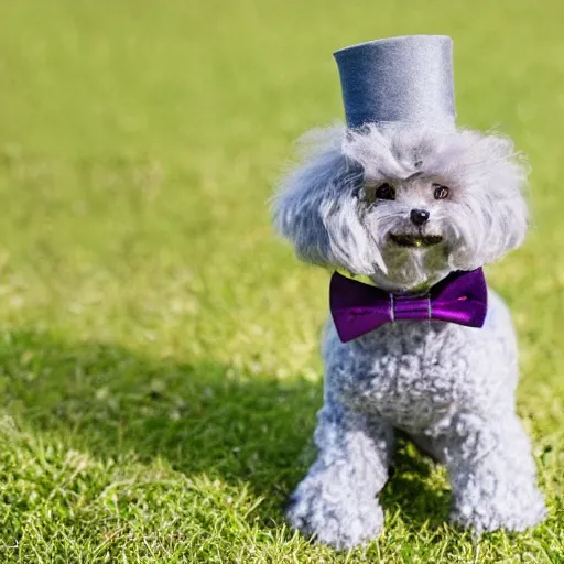 Prompt: a fancy gray miniature poodle wearing a bow tie top hat and monocolor pants