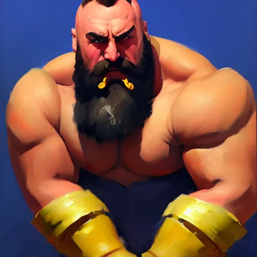 Image similar to Greg Manchess portrait painting of Zangief as Overwatch character, medium shot, asymmetrical, profile picture, Organic Painting, sunny day, Matte Painting, bold shapes, hard edges, street art, trending on artstation, by Huang Guangjian and Gil Elvgren and Sachin Teng