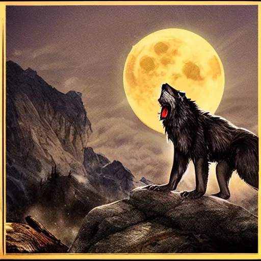 Image similar to werewolf transforming on top of a mountain in the moonlight