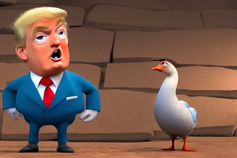 Prompt: still from a Pixar movie of Donald Trump as a Goose, high quality 3d render, movie, Pixar, Renderman, 4k, artstation