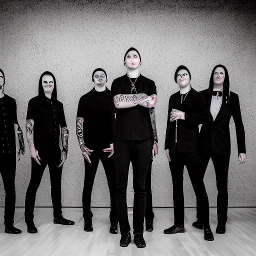 Prompt: motionless in white band standing while posing for a photo, award winning photography, hdr, studio lighting, dynamic pose, medium close shot, shot on canon eos r 5, f / 2. 5,