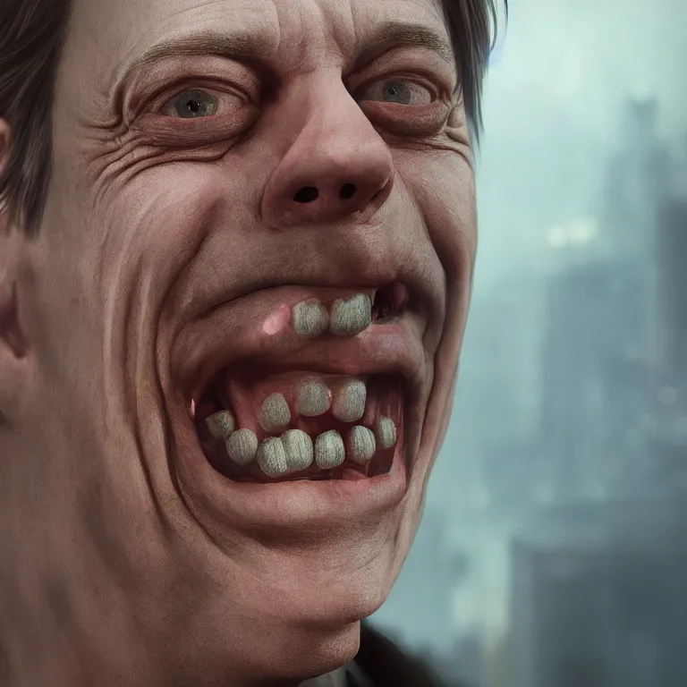 Image similar to steve buscemi smiling during the apocalypse, intricate details, complementary lighting, detailed face, backlighting, octane render, raytraced, depth of field, extremely detailed, trending in artstation, focus on face, sharp focus, radiant light, beautiful composition, yihao ren, zochi, zero - hour, jean paul fiction