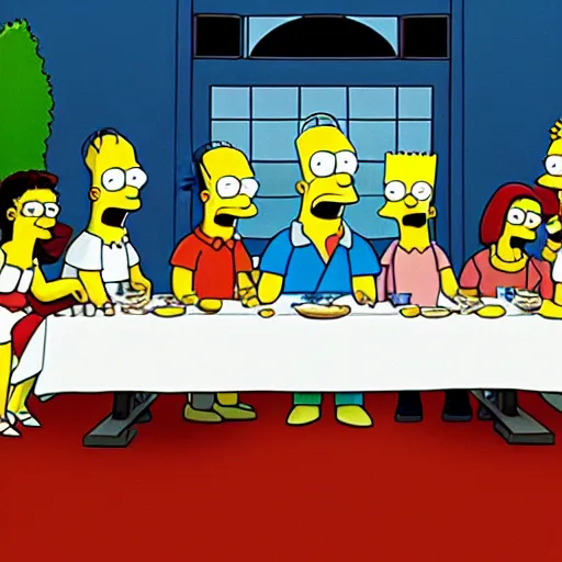 Image similar to the last supper as a still from the simpsons