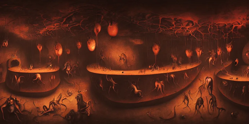 Image similar to surreal bar interior in hell by hieronymus bosch, animal body parts, red blood dripping, wide shot, baroque painting, dreamlike atmosphere, surreal abandoned buildings, beautiful detailed intricate insanely detailed octane render trending on artstation, soft natural volumetric cinematic perfect light, masterpiece, 8 k artistic photography, chiaroscuro, raphael, caravaggio, beksinski