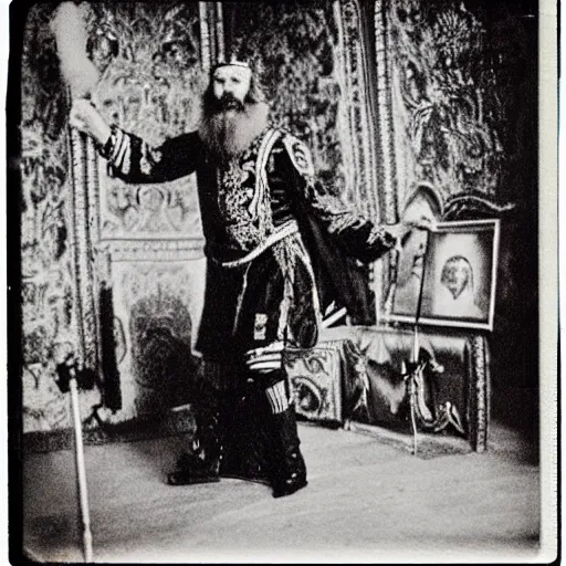 Image similar to Ivan the Terrible in his palace in Moscow dance rock-n-roll, high detail, Polaroid , old photo width 768