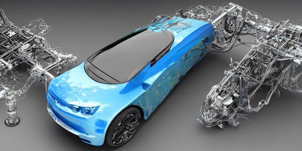 Image similar to hydrogen fuel cell vehicle, wide - angle, intricate details, octane rendering.