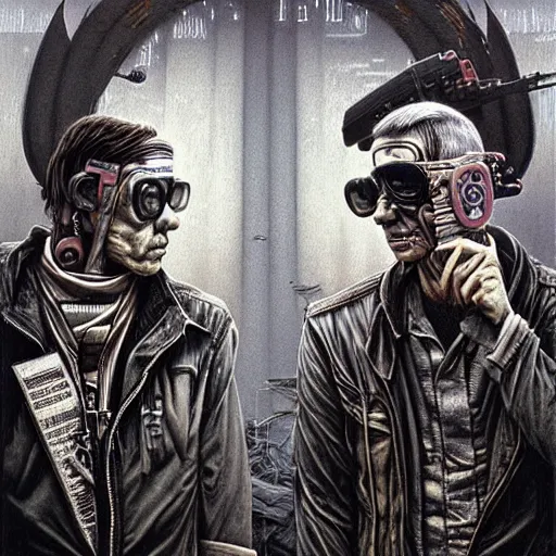 Prompt: cyberpunk sonny barger and hunter thompson by beksinski and tristan eaton, dark neon trimmed beautiful dystopian digital art