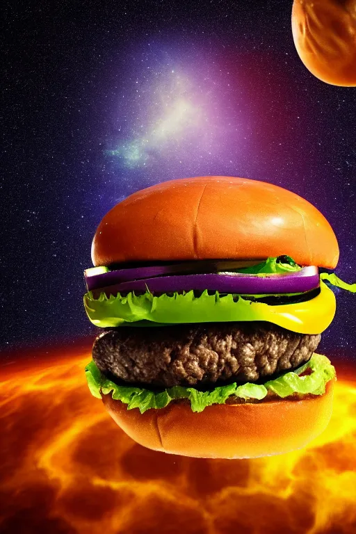 Image similar to a cheeseburger floating apart in space. nebula background. highly detailed. 3 d rendered, beautiful lighting, 8 k